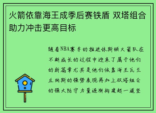 火箭依靠海王成季后赛铁盾 双塔组合助力冲击更高目标
